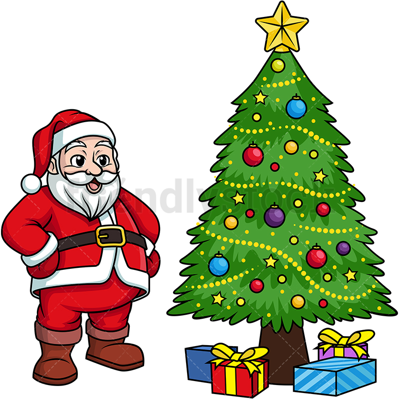 800x800 Santa Claus Near Christmas Tree Cartoon Clipart Vector