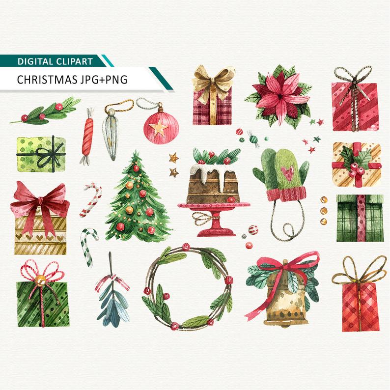 794x794 Watercolor Christmas Clipart Vector Holiday Clip Art Printable Etsy