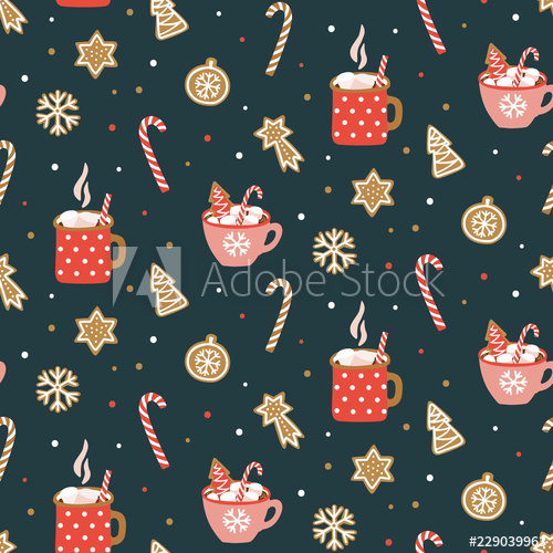 500x500 Cute Hand Drawn Seamless Pattern With Cocoa, Marshmallow