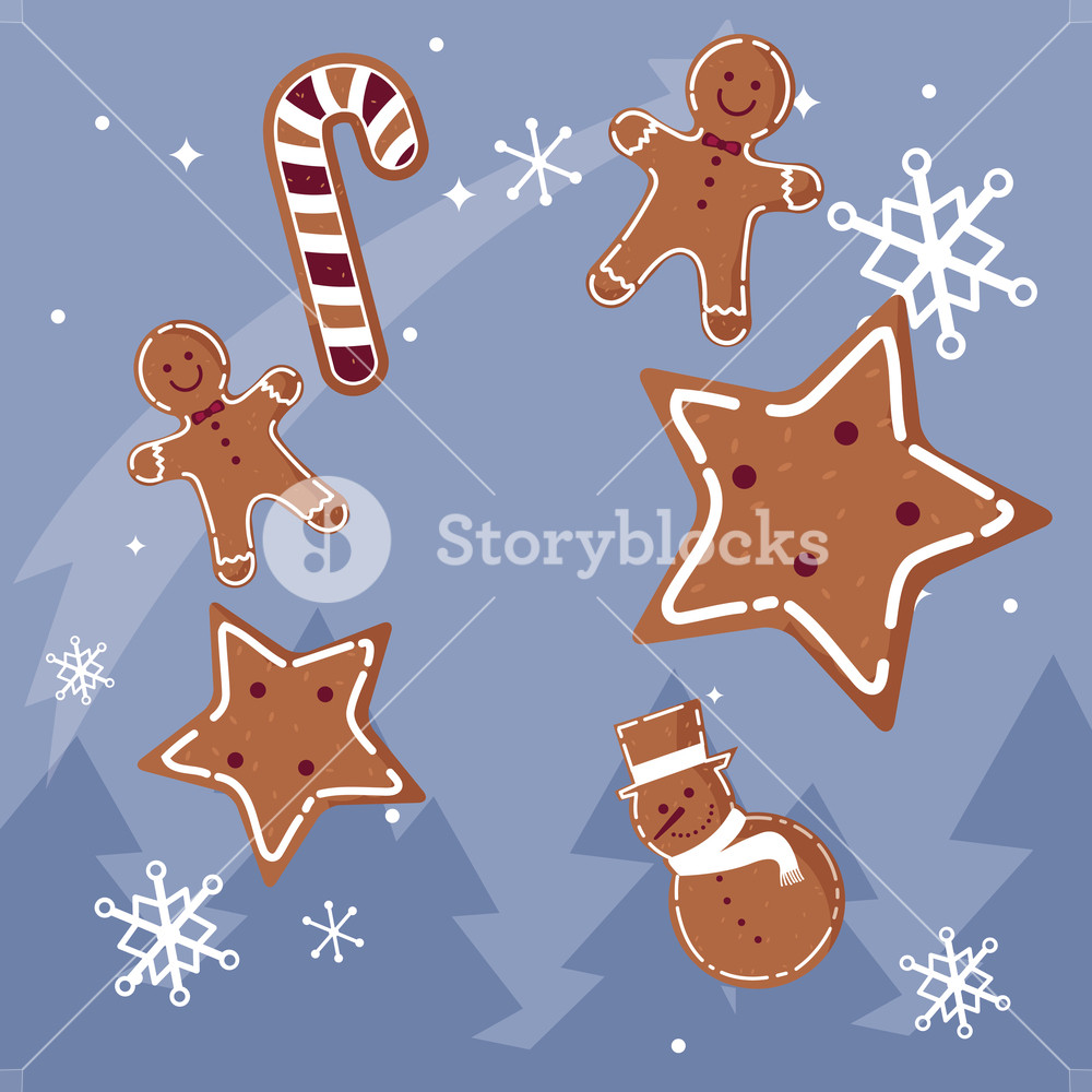 1000x1000 Christmas Cookies Over Blue Background, Vector Illustration