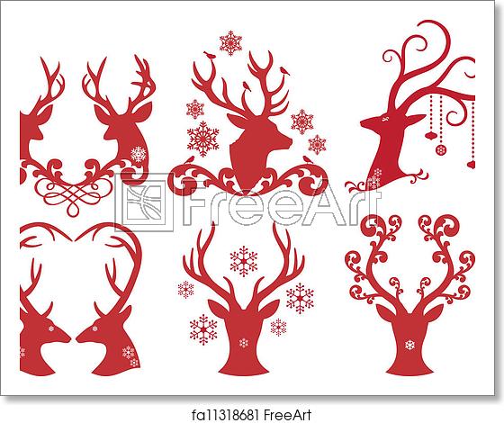 560x470 Free Art Print Of Christmas Deer Stag Heads, Vector Christmas