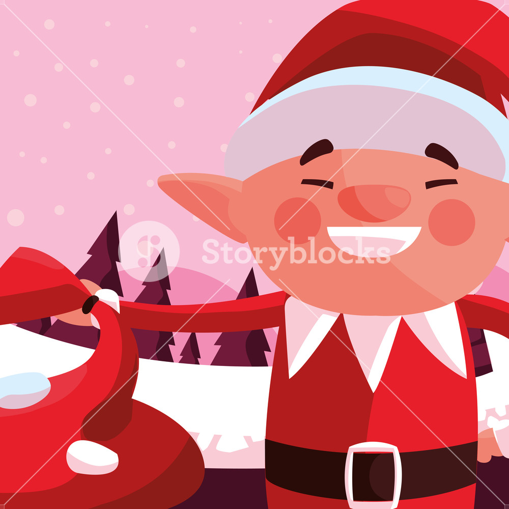 1000x1000 Christmas Elf With Christmas Bag Over Pink Background, Vector