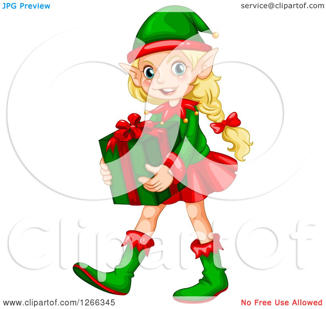 1080x1024 Clipart Of A Blond Female Christmas Elf Carrying A Gift