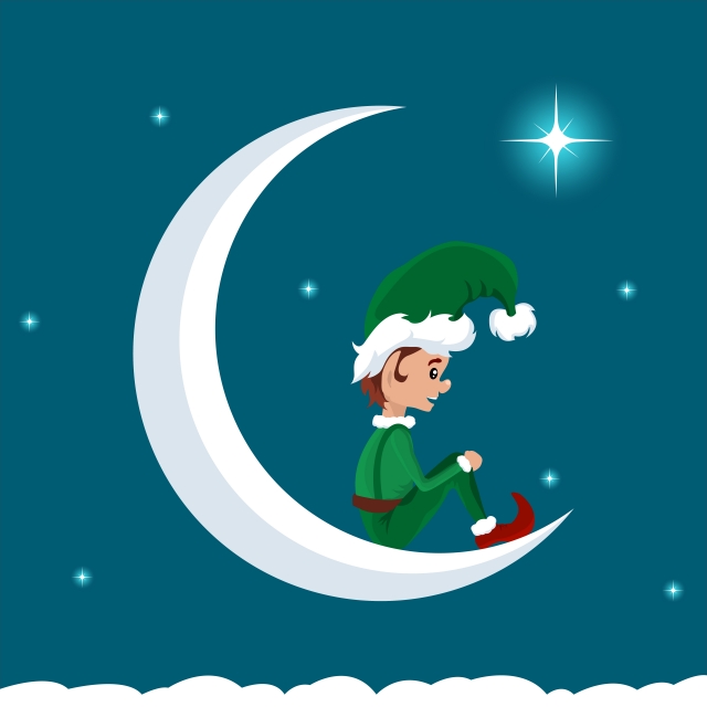 640x640 Christmas Elf On The Moon Resting, Card, Christmas, Santa Png