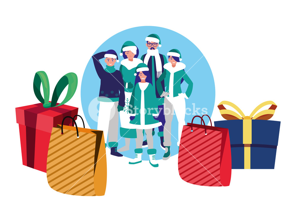 1000x750 Family With Winter Clothes And Christmas Gift Box Vector