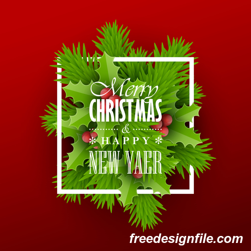 500x500 Christmas Red Background With Holly And Green Leaves Vector Free