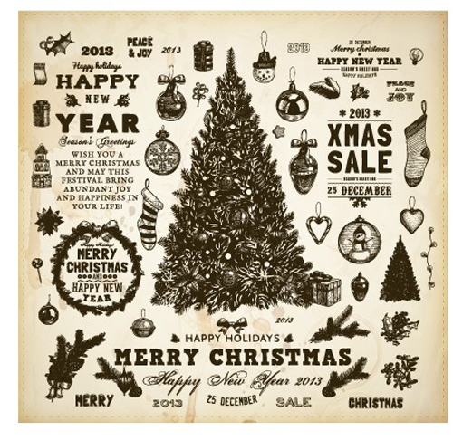 500x486 Vintage Hand Drawn New Year And Christmas Ornaments Vector Set