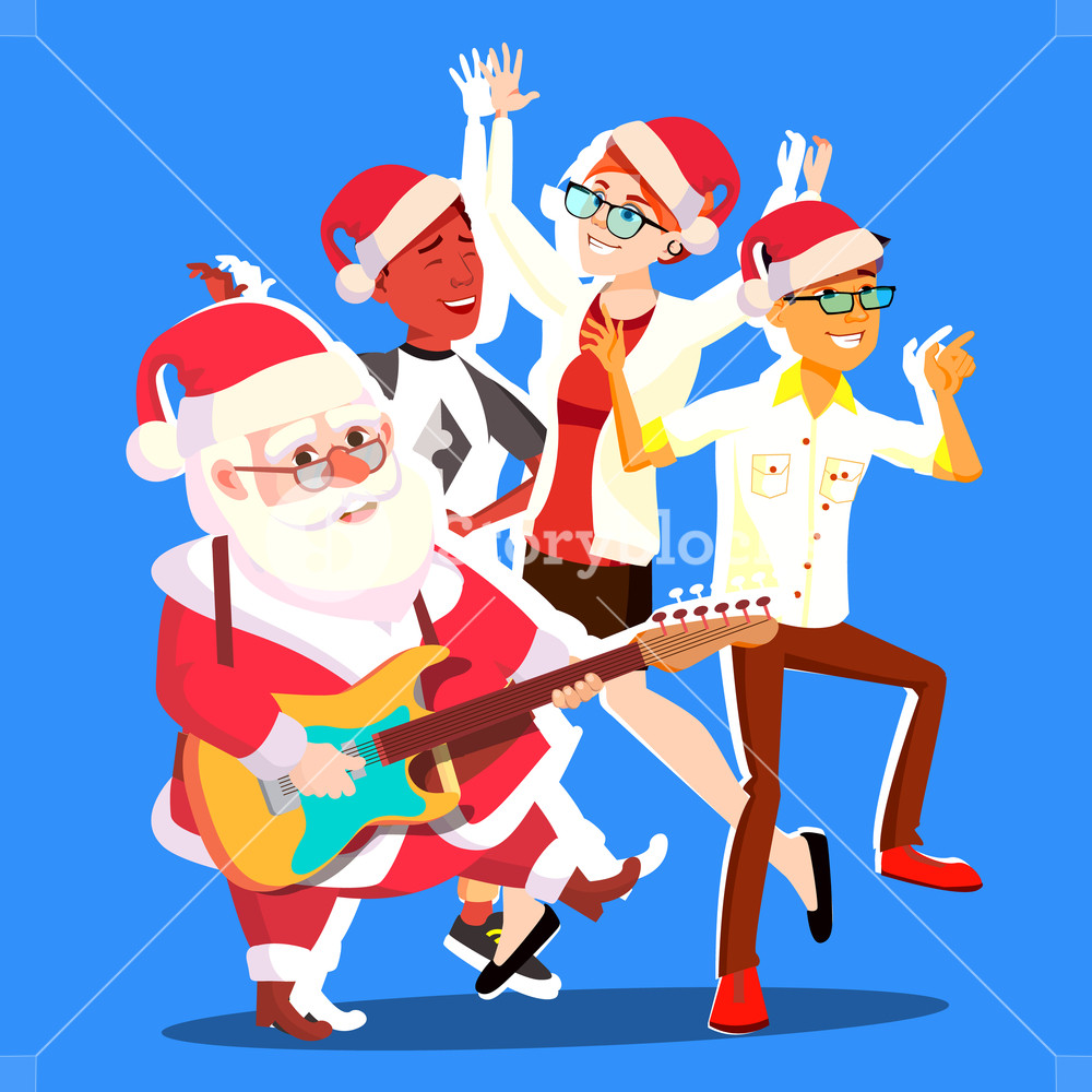 1000x1000 Santa Claus Dancing With Group Of People And Guitar In Hands