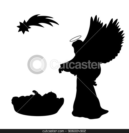 450x464 Christmas Silhouette Baby And Angel Christmas Star Stock Vector