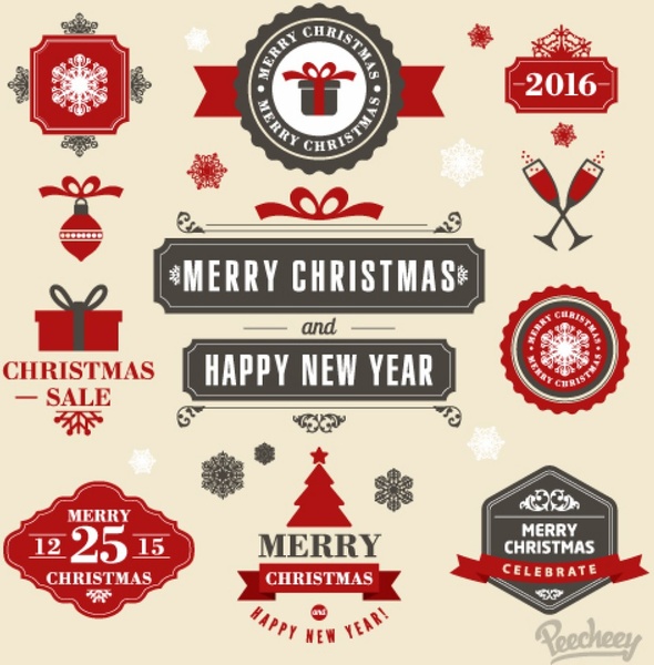 590x600 Vintage Christmas Sticker Set In Red And Gray Free Vector In Adobe