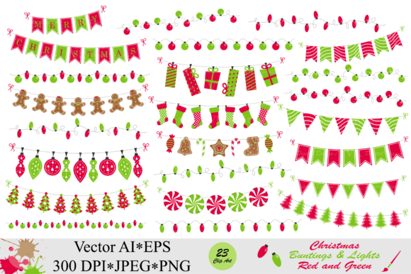 580x386 Christmas Red And Green Bunting Banners And String Lights Clipart