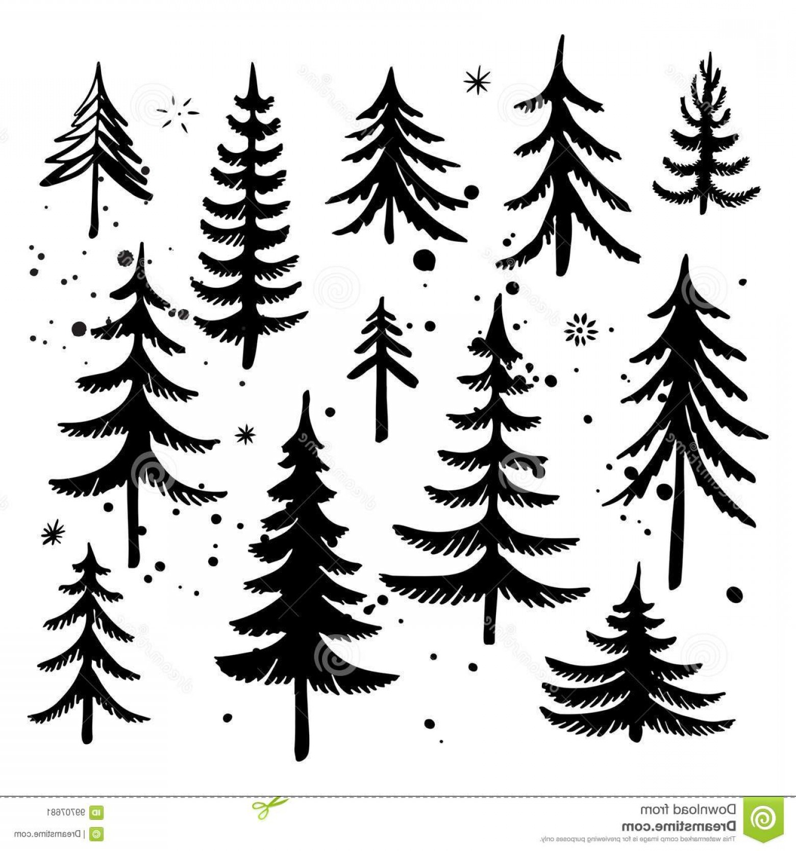 1560x1668 Set Hand Drawn Christmas Tree Fir Silhouettes Vector Illustration