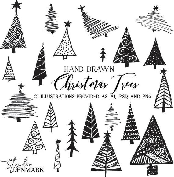 570x581 Christmas Trees Vector Clipart Holiday Clip Art Hand Drawn Etsy