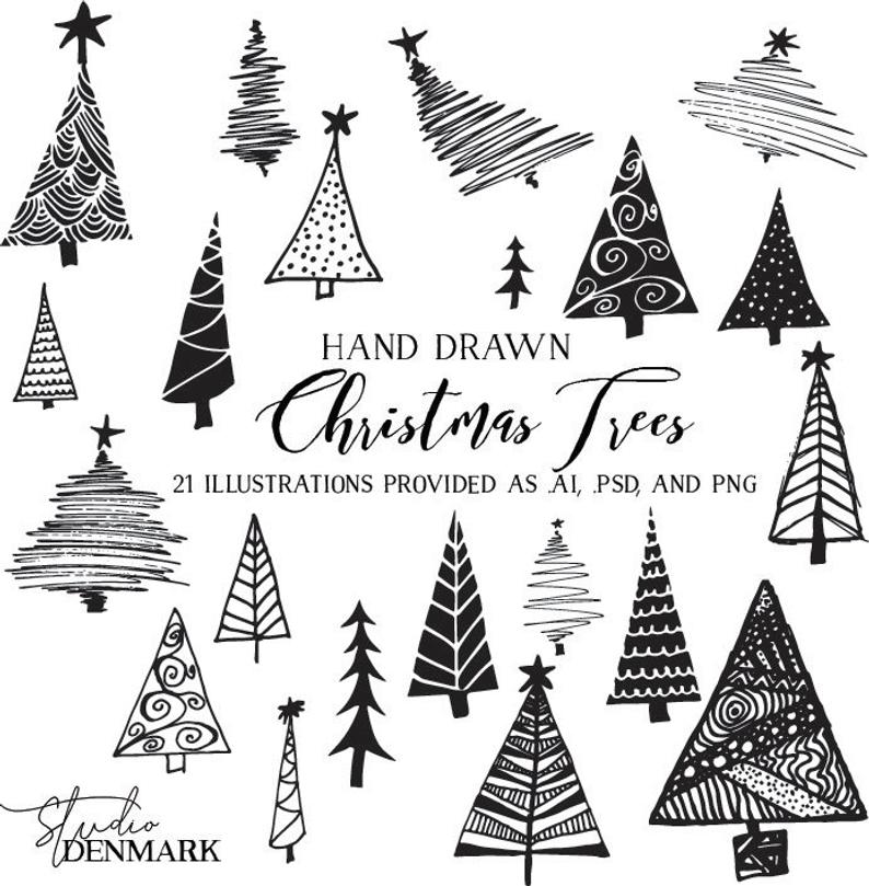794x809 Christmas Trees Vector Clipart Holiday Clip Art Hand Drawn Etsy