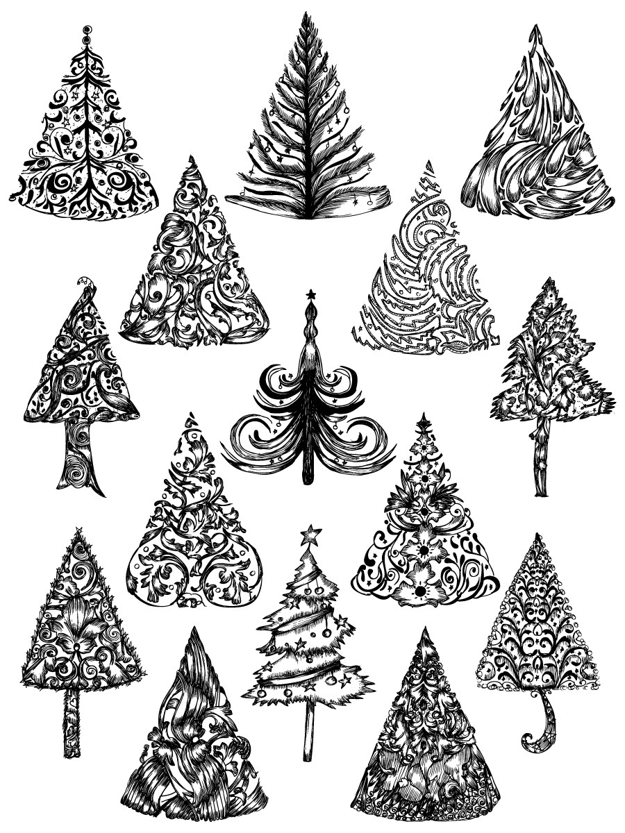 900x1200 Hand Drawn Christmas Tree Vector And Photoshop Brush Pack