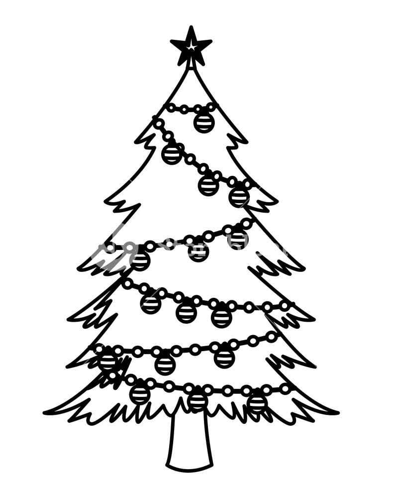 800x1000 Christmas Tree Icon Isolated Decorated Black And White Vector