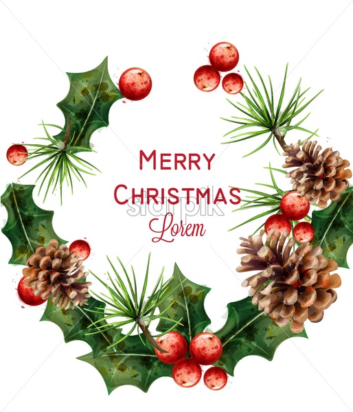 514x600 Merry Christmas Watercolor Wreath Vector Red Christmas Decor Card