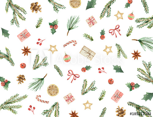 500x381 Watercolor Vector Christmas Card With Fir Branches, Gifts