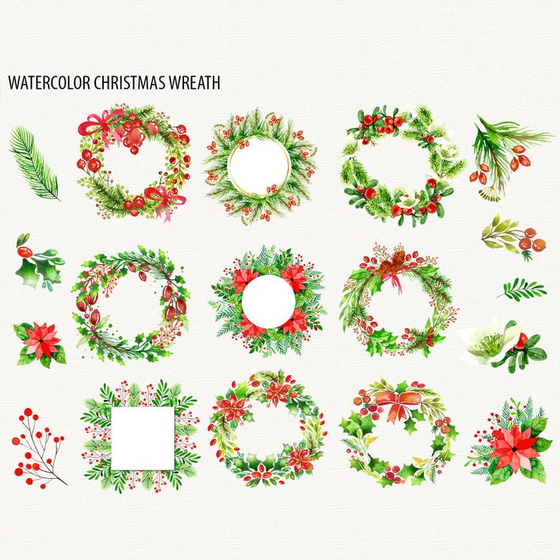 794x794 Christmas Clipart Watercolor Christmas Wreath Vector Digital Etsy