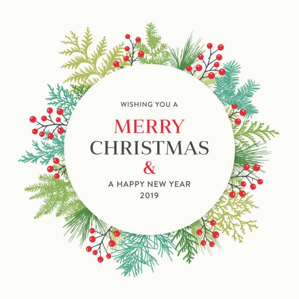 612x612 Holiday, Christmas Wreath With Greetings, Evergreen Branches