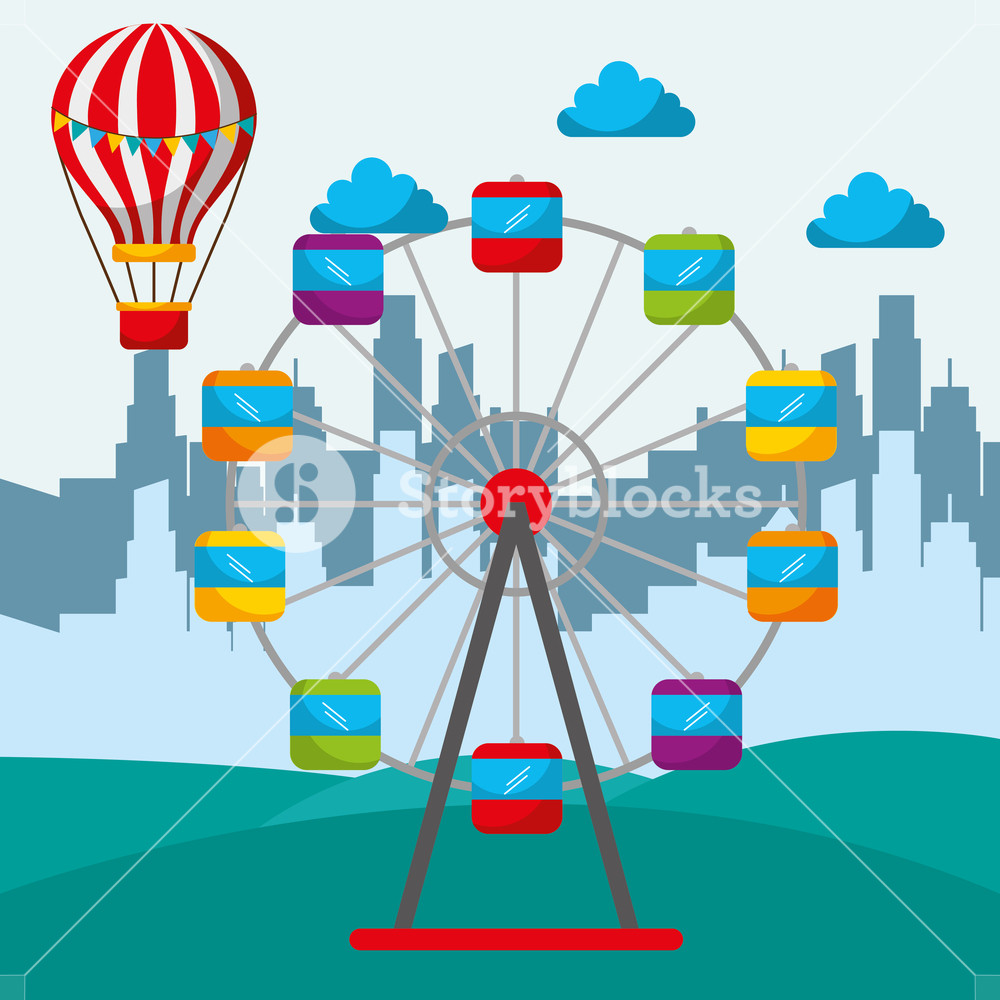 1000x1000 Silhouette Of A City And Amusement Circus Ferris Wheel And Hot Air