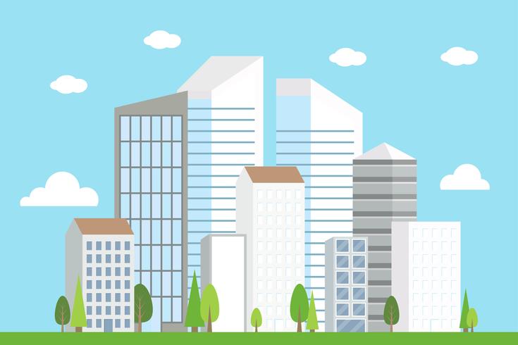 735x490 City Downtown Landscape, Modern Building Vector Illustration