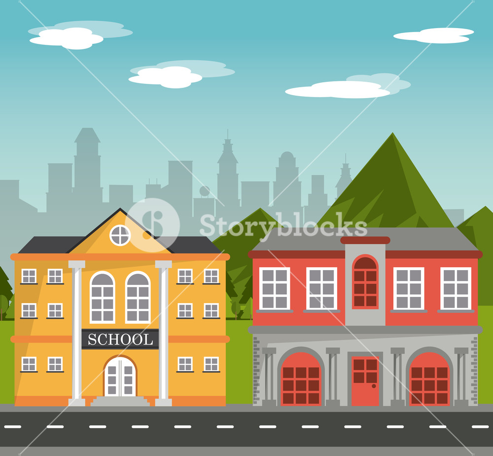 Building School Home Facade With Mountains City Landscape Vector 1000x925 Building School Home Facade With Mountains City Landscape Vector