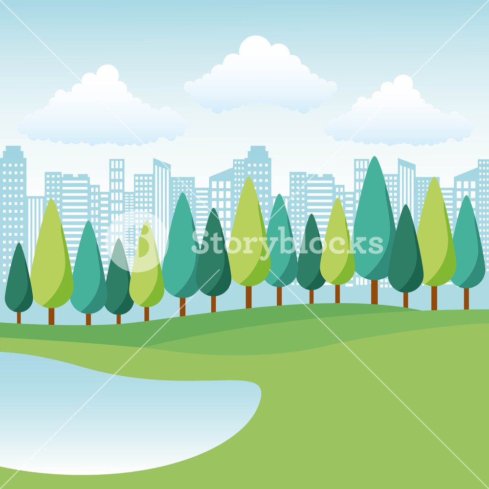Natural Park Lake Trees And City Landscape Vector Illustration 1000x1000 Natural Park Lake Trees And City Landscape Vector Illustration