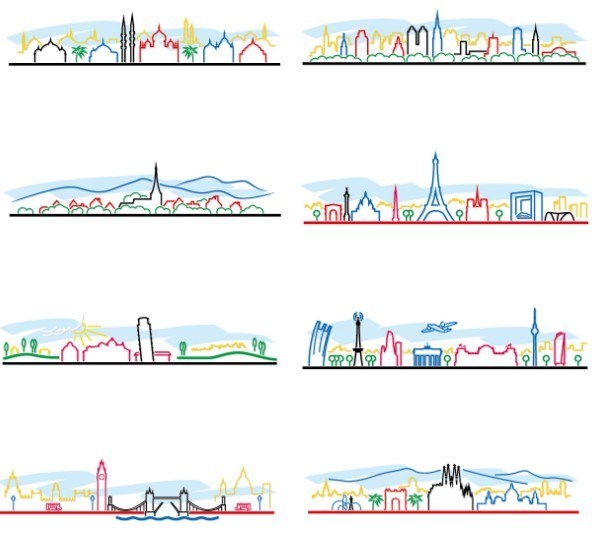 Free Colorful City Line Silhouette Set Vector 592x552 Free Colorful City Line Silhouette Set Vector