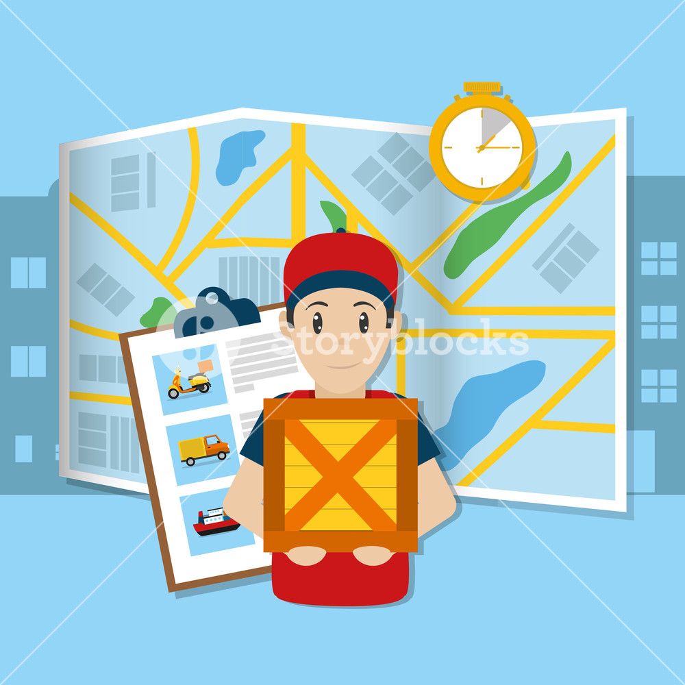 1000x1000 Courier With Box Over City Map Vector Illustration Graphic Design