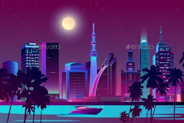 Vector Night City On River, Tropical Megapolis 590x393 Vector Night City On River, Tropical Megapolis