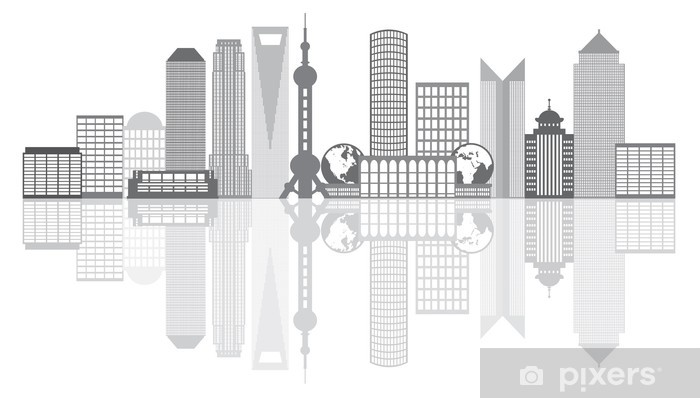 700x398 Shanghai City Skyline Grayscale Outline Vector Illustration Wall