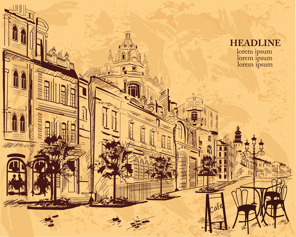 Old City Street Cafe Hand Drawing Vector Free Download 600x480 Old City Street Cafe Hand Drawing Vector Free Download