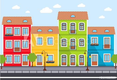 Street City Background Town Scene With Row Of Houses Along 500x342 Street City Background Town Scene With Row Of Houses Along