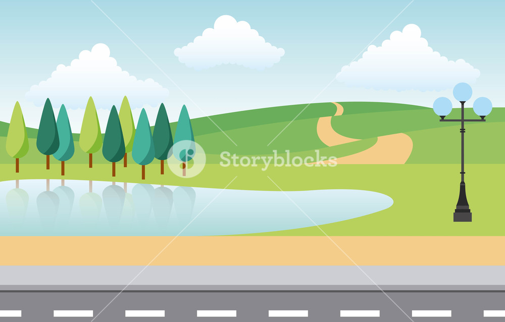 Park City Trees Lake Pathway Lamp And Street Vector Illustration 1000x639 Park City Trees Lake Pathway Lamp And Street Vector Illustration