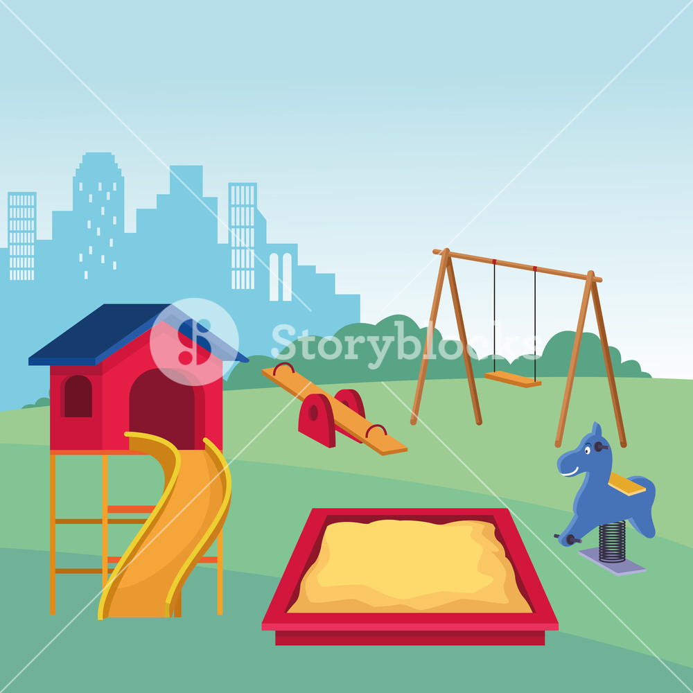 1000x1000 Playground Set Of Games With Slide Sandbox Swing Seesaw Cityscape