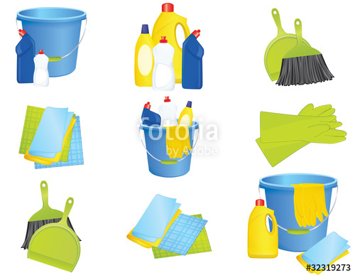 500x387 Plastic Bucket With Cleaning Supplies, Vector Stock Image