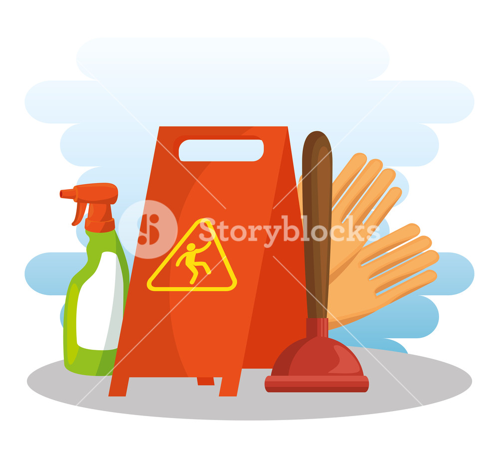 1000x932 Cleaning Supplies With Caution Sign Spray Gloves Housekeeing