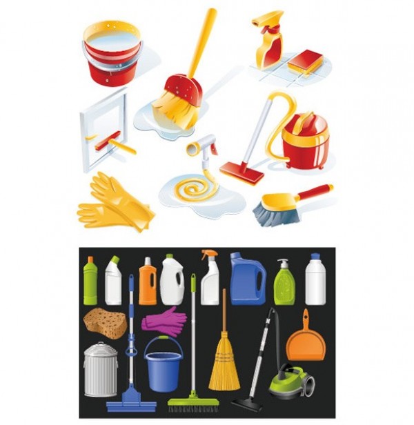 600x616 Cleaning Supplies Vector Icons Set