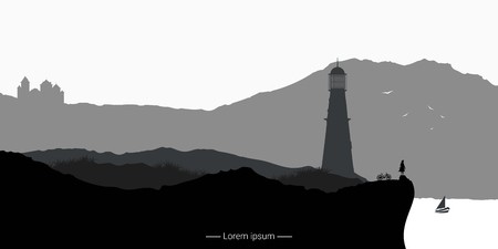450x225 Landscape With Lighthouse Standing On A Cliff Vector Illustration