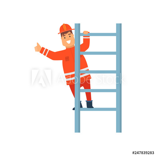 500x500 Smiling Firefighter Wearing Orange Protective Uniform Climbing