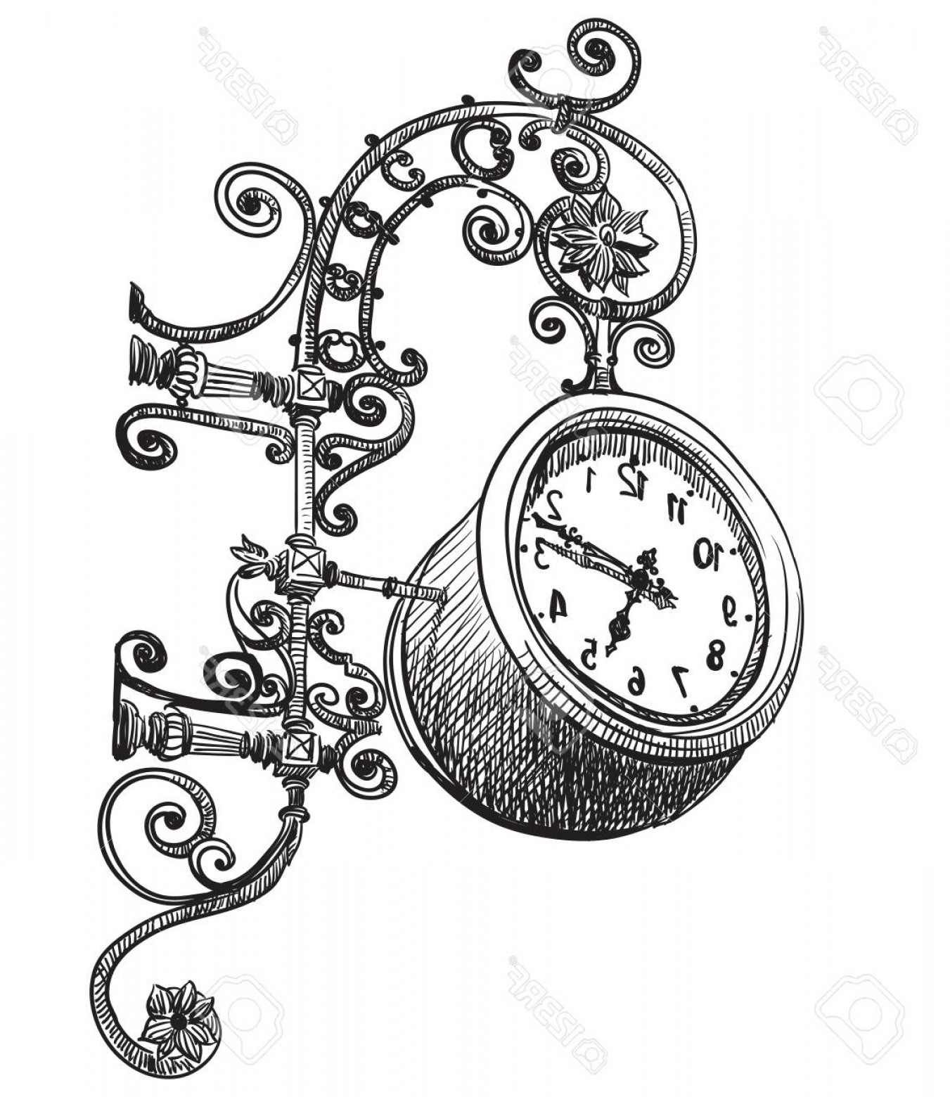 1351x1560 Photostock Vector Ancient Carving Clock Vector Hand Drawing