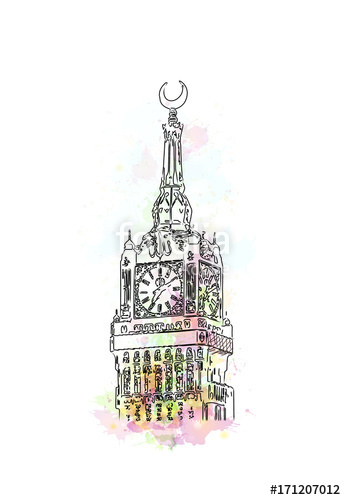 346x500 Watercolor Sketch Of Clock Tower Saudi Arabia In Vector