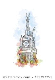 193x280 Watercolor Sketch Of Mecca Clock Tower Saudi Arabia In Vector