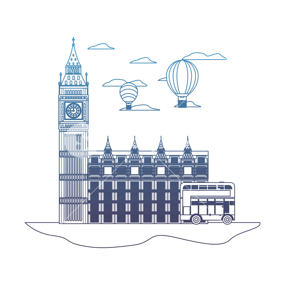 1000x1000 Degraded Line London Clock Tower With Air Balloon And Bus Vector