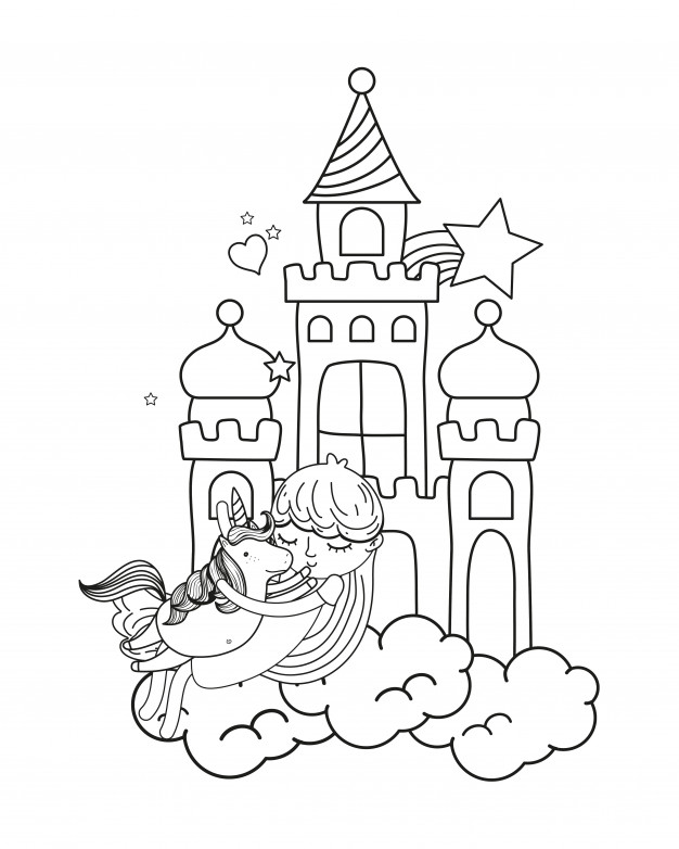 626x782 Outline Girl And Cute Unicorn In The Castle With Cloud Vector
