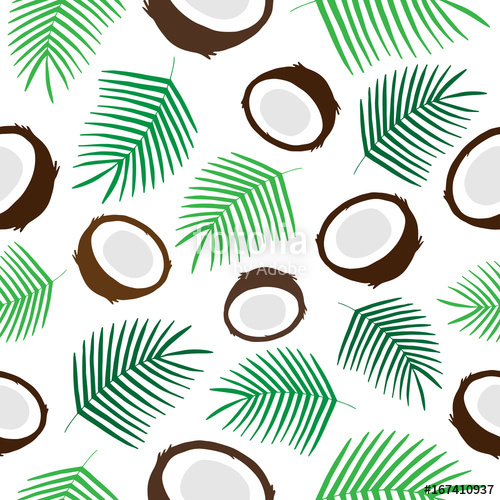 500x500 Tropical Coconut Seamless Pattern, Green Palm Leaf And Half