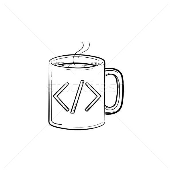 600x600 Coffee Cup With Code Sign Hand Drawn Outline Doodle Icon Vector