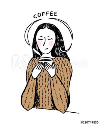 Hand Drawn Brunette Girl In Sweater With Cup Of Coffee Doodle 400x500 Hand Drawn Brunette Girl In Sweater With Cup Of Coffee Doodle
