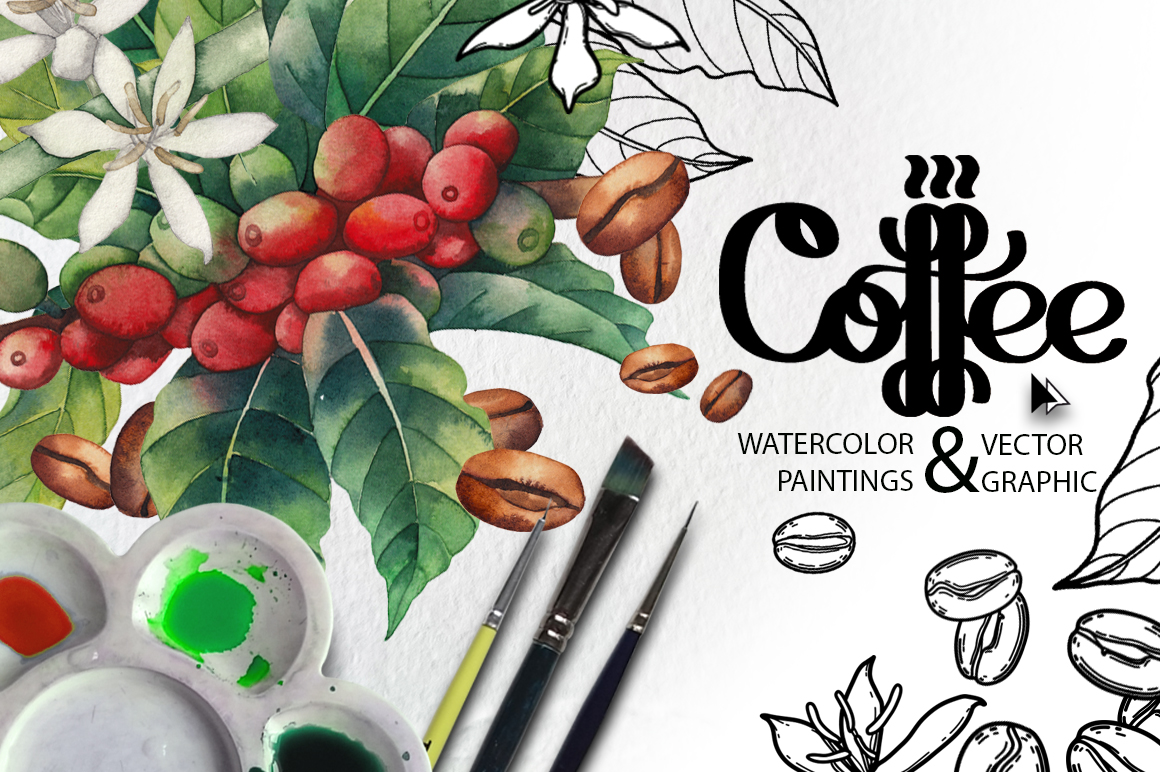Watercolor And Graphic Coffee Plants In Design Elements On Yellow 1160x772 Watercolor And Graphic Coffee Plants In Design Elements On Yellow